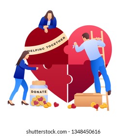 Charity illustration with people who care about big puzzle heart. Charity care, help. Donate, giving money. Vector illustration, flat style design. - Vektor 