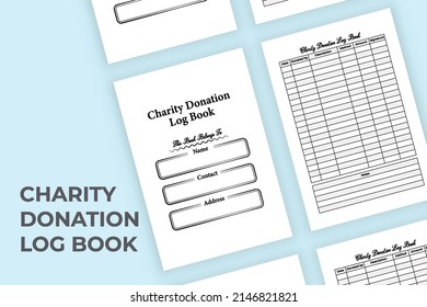 Charity information journal interior. Donation data and amount record book template. Interior of a logbook. Charity donation information tracker and fund checker notebook interior.