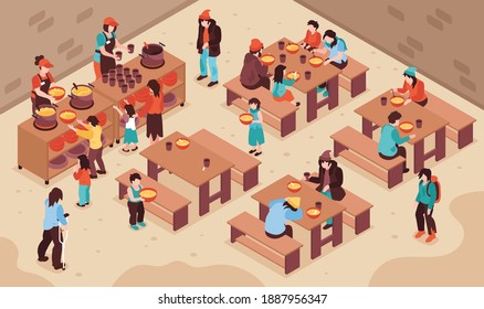 Charity Isometric Background With Volunteers Feeding Needy Poor Homeless People Vector Illustration