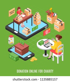 Charity Isometric Background With Young Woman Making Online Voluntary Donation  Through Charitable Foundation Vector Illustration 