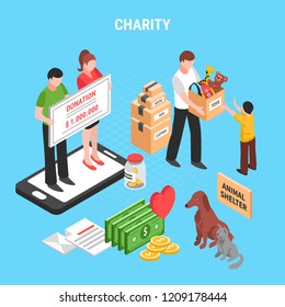 Charity isometric composition with people actions for support animals shelter and children donation vector illustration