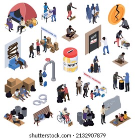 Charity isometric infographics background with voulonteers distributing products and helping needed disabled unemployed refugees paupers people vector illustration