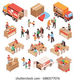 Charity isometric set of volunteers delivering food to homeless and poor people giving food to beggars on street isolated vector illustration