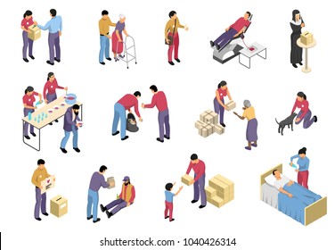 Charity Isometric Set With Volunteers Involved In Social Support And Medical Care To Diseased Elderly And Homeless People Isolated Vector Illustration