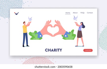 Charity Landing Page Template. Characters Let Go White Doves in Air. International Day of Peace, Hope, Worldwide Antiwar Campaign, Humanity. People with Pigeons and Heart. Cartoon Vector Illustration