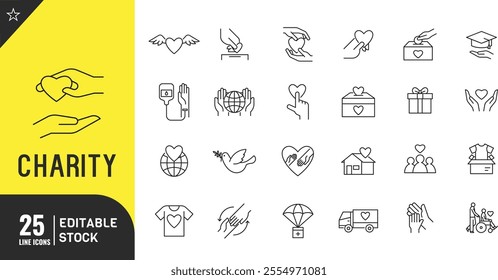 Charity line editable icon set. Donation, contribution, humanism, altruism thin modern style vector illustration.