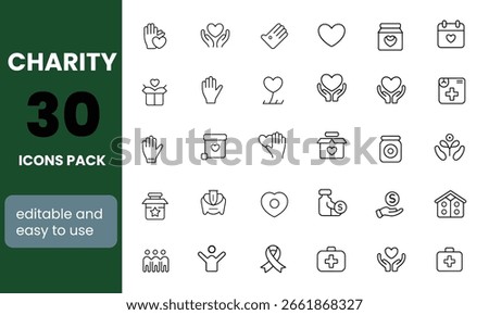 Charity Line Editable Icons set. Vector illustration in modern thin line style of philanthropic icons: almsgiving, dole, welfare, donation, contribution, humanism, altruism.