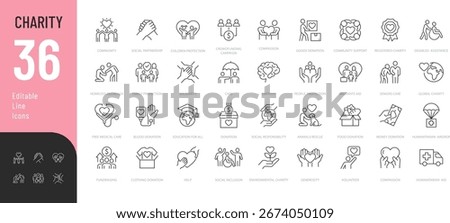 Charity line Editable Icons set. Vector illustration in modern thin line style of volunteering related icons: parking, donation, people and animals care, and more. Isolated on transparent background.