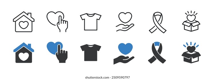 Colección de iconos sólidos de línea y glifo de caridad. Icono mínimo y Ilustración vectorial de la serie de símbolos