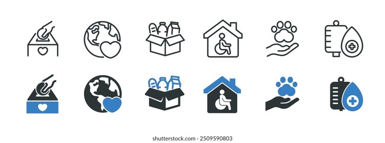 Colección de iconos sólidos de línea y glifo de caridad. Icono mínimo y Ilustración vectorial de la serie de símbolos