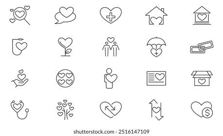 Charity line icon collection. almsgiving, helping those in need, donation, contribution, humanism, support, protection, disability, love, care symbols icon set. UI thin line icon pack.