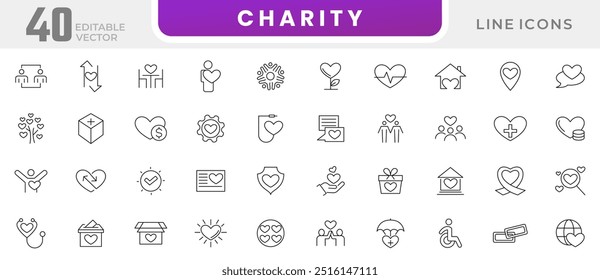 Charity line icon collection. almsgiving, helping those in need, donation, contribution, humanism, support, protection, disability, love, care symbols icon set. UI thin line icon pack.