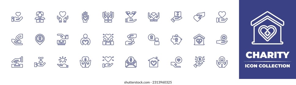 Charity line icon collection. Editable stroke. Vector illustration. Containing charity, love, selfcare, care, heart, hand, donation, healthy, piggy bank, house, zakat, subsidy, happiness.