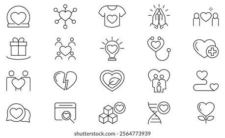 Charity line icon set. Care, assistance, sharing, volunteering, partnership, charity, care, help, empathy, donor, doctor, social, friendship line icon set. UI thin line icon pack.