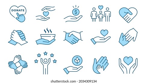 Charity line icon set. Collection of hope, solidarity, trust, care and more. Editable stroke.