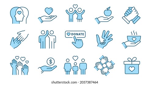 Charity line icon set. Collection of handshake, donate, philanthropist, hope and more. Editable stroke.