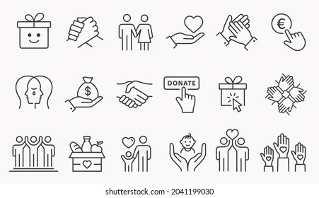 Charity line icon set. Collection of handshake, donate, hand, help and more. Editable stroke.