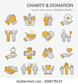 Charity line icon set. Collection of donate, support, help, solidarity and more. Editable stroke. Change to any size and any colour.