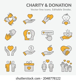 Charity line icon set. Collection of donate, volunteer, help, trust and more. Editable stroke. Change to any size and any colour.