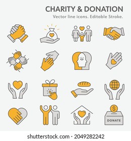 Charity line icon set. Collection of donate, trust, help, solidarity and more. Editable stroke. Change to any any colour.