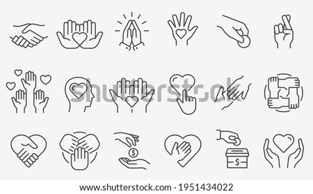 Charity line icon set. Collection of donate, volunteer, humanitarian, hope and more. Black vector illustration. Editable stroke.