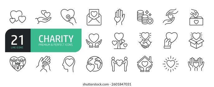 Charity line icon set. The set contains icons as Charitable Donation, Happy Family, Donation Box, Heart Shape, Volunteers, Giving, Teamwork, Relief, A Helping Hand, Fundraising.