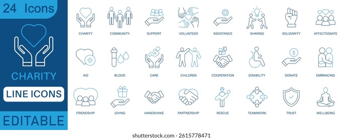 Charity line icon set editable vector symbols for donation, support, care, community, volunteering, health, aid, and wellbeing. Perfect for NGO, medical, and humanitarian use.