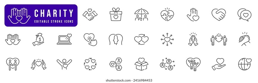 Charity line icon set. Friendship, love, care, donate, heart, aid etc. Editable stroke