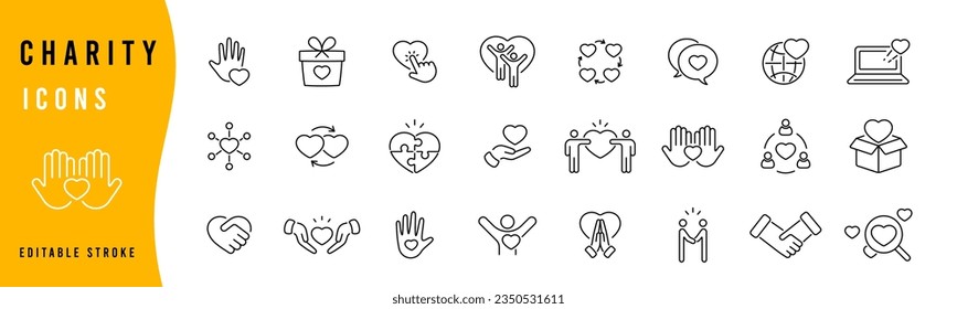 Charity line icons. Editable stroke icon set