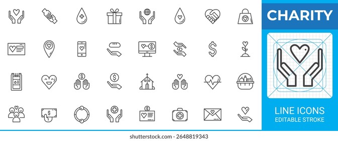 Charity line icons pack. Outline vector symbol set for giving, donation, medical care, support. Includes hands, heart, dollar, church, letter, basket, gift, smile, group icons.