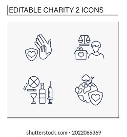 Charity Line Icons Set. Drug And Alcohol Abuse, Environment, Child Protection And Advocacy Charities. Volunteering Concept. Isolated Vector Illustrations. Editable Stroke