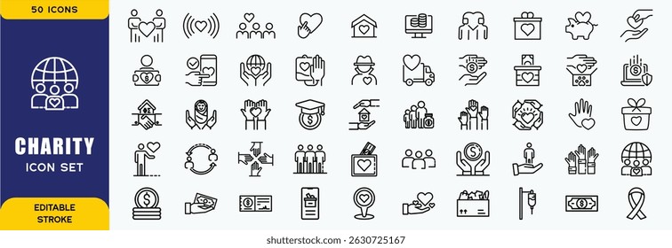 Conjunto de iconos de línea de caridad. Trazo editable.