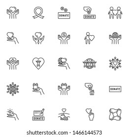 Charity line icons set. linear style symbols collection, outline signs pack. vector graphics. Set includes icons as donate box, money donation hand, awareness ribbon, heart care, humanity, gift box