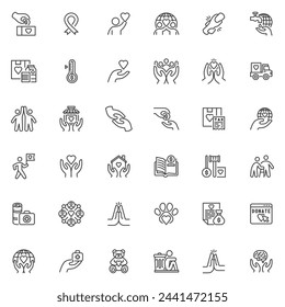 Charity line icons set. linear style symbols collection, outline signs pack. Charity and donation vector graphics. Set includes icons as volunteer, money donation box, helping hand, philanthropy