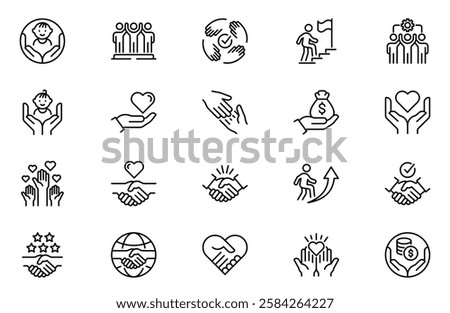 Charity line icons set, such as handshake, heart, donate, trust, volunteer and more. Vector illustration isolated on white. Editable stroke.