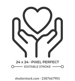 Charity line ui icon. Hands holding heart. Expressing love and care. Kindness feeling visualization. Isolated vector outline symbol. Webdesign user interface element linear, pixel perfect