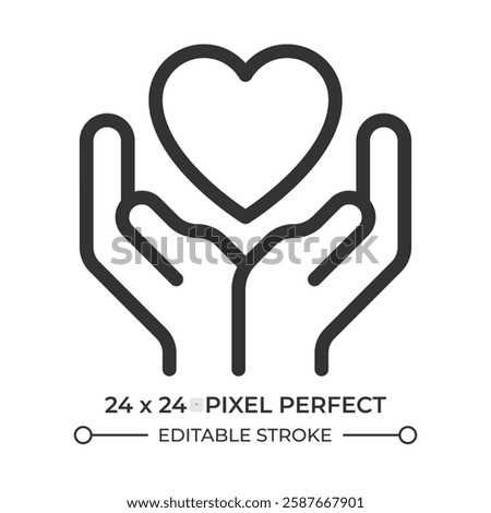 Charity line ui icon. Hands holding heart. Expressing love and care. Kindness feeling visualization. Isolated vector outline symbol. Webdesign user interface element linear, pixel perfect