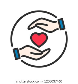 Charity line vector icon. Hands with a heart sign.