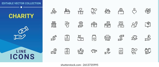 Charity linear icon collection. Featuring assist, cooperation, foundation, giving and more. Donation icon set. Minimal icons pack. Pictogram and infographic.