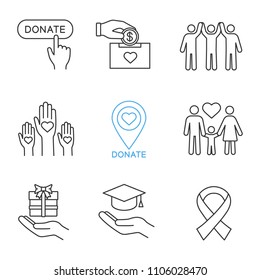 Charity linear icons set. Thin line contour symbols. Donate button, fundraising, charity organization location, family, gift, free education, anti HIV ribbon. Isolated vector outline illustrations