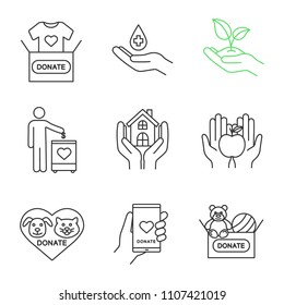 Charity Linear Icons Set. Thin Line Contour Symbols. Blood, Toys, Clothes, Food Donation, Greening, Fundraising, Shelter For Homeless, Animals Welfare. Isolated Vector Outline Illustrations