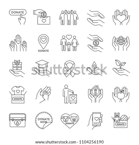 Charity linear icons set. Thin line contour symbols. Donation. Fundraising, helping hands, volunteering, humanitarian aid. Isolated vector outline illustrations. Editable stroke