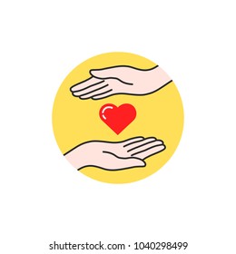 charity linear logo hand and heart. concept of donor woman or man arms and crowdfunding for poverty. cartoon flat trend modern yellow simple compassion logotype graphic art design isolated on white