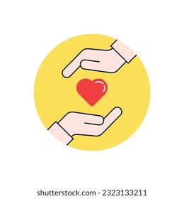 mano y corazón del logo lineal de caridad. concepto de armas de donante o de hombre y financiación colectiva para la pobreza. caricatura tendencia plana diseño de arte gráfico amarillo simple simple compasión moderno aislado en blanco