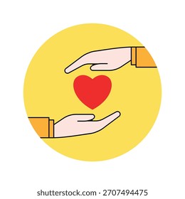 charity linear logo hand and heart. concept of donor woman or man arms and crowdfunding for poverty. cartoon flat trend modern yellow simple compassion logotype graphic art design isolated on white