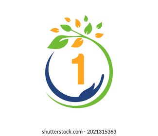 Logo de la caridad con el concepto de mano, hoja y 1 letra. Logo de la fundación de cuidados de mano