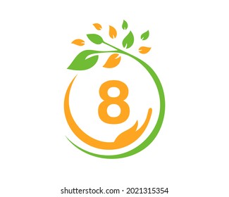 Charity logo with hand, leaf and 8 letter concept. Hand care foundation logo design