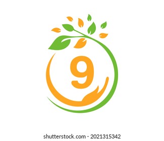 Charity logo with hand, leaf and 9 letter concept. Hand care foundation logo design