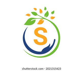 Charity logo with hand, leaf and S letter concept. Hand care foundation logo