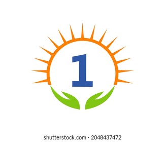 Charity Logo With Hand, Sun And 1 Letter Concept. Letter 1 Charity Logo Template Donation Organization Logotype Vector